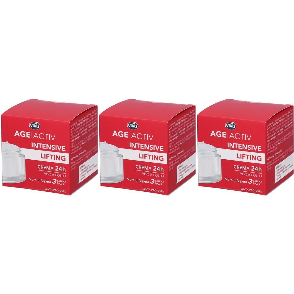 Tre scatole rosse di crema Matt Age Activ Intensive Lifting 24h.