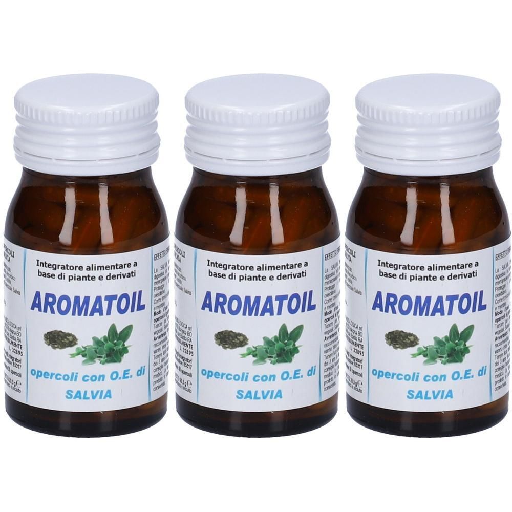 Tre flaconi di Aromatoil Salvia Opercoli con tappi a vite bianchi. Flaconi in vetro marrone con etichette bianche.