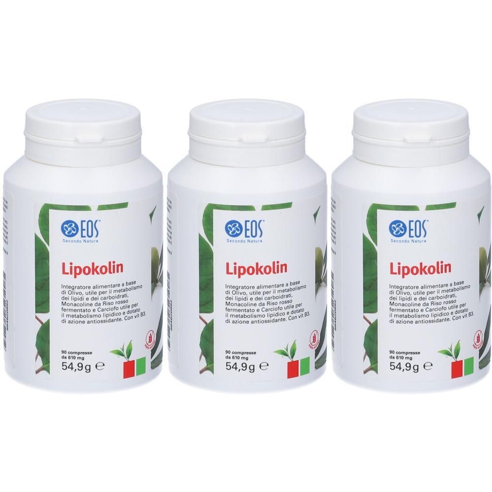 Tre contenitori bianchi di integratori Eos Lipokolin, 90 compresse ciascuno.