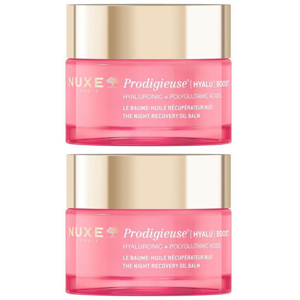 Due vasetti Nuxe Prodigieuse Hyalu Boost Balsamo Olio Notte con tappo dorato.