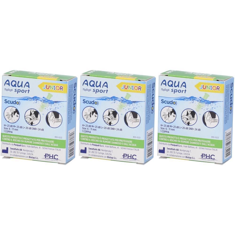 Tre confezioni di tappi per orecchie Scudo Aqua Sport Junior. Protezione da acqua e rumore.