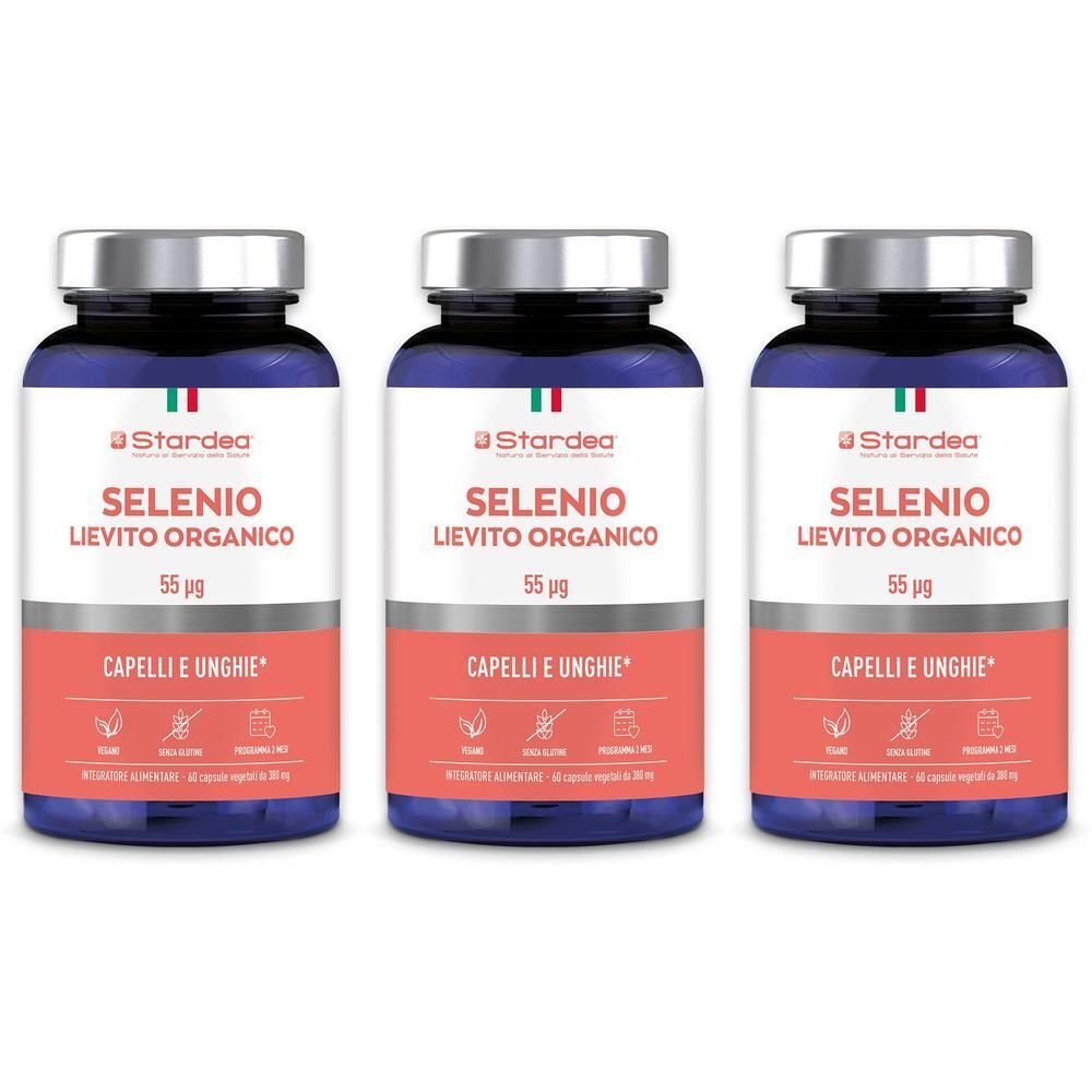 Tre flaconi di Stardea Selenio Lievito Organico 55 µg per capelli e unghie.