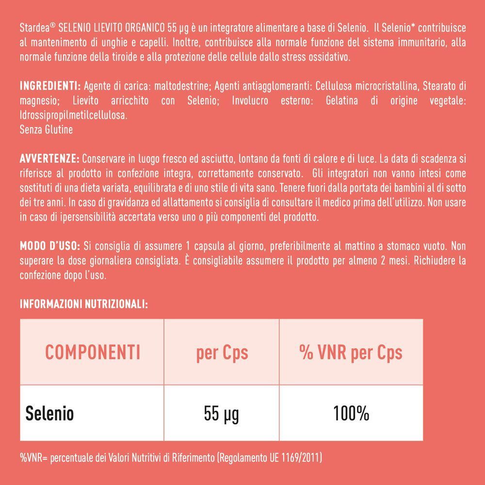 Informazioni su Stardea Selenio Lievito Organico 55 µg: ingredienti, uso, valori nutrizionali.