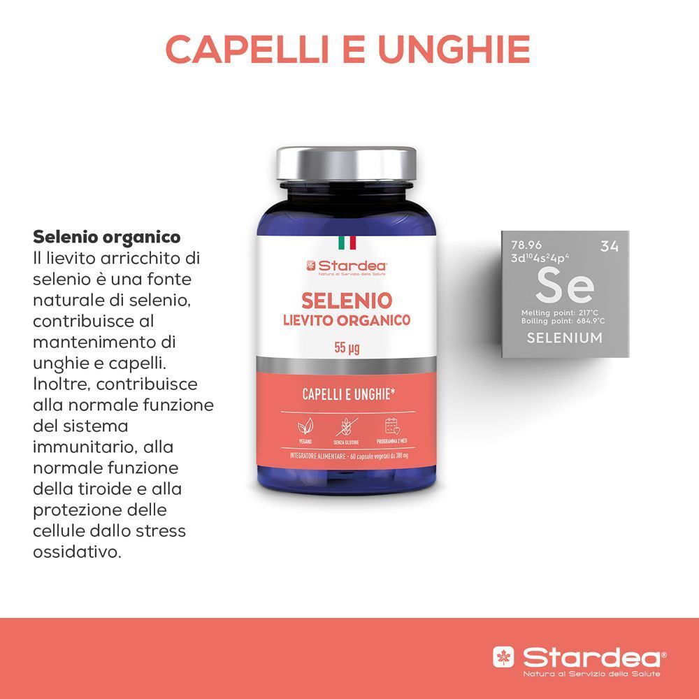 Stardea Selenio Lievito Organico 55 µg: descrizione dei benefici per capelli e unghie.