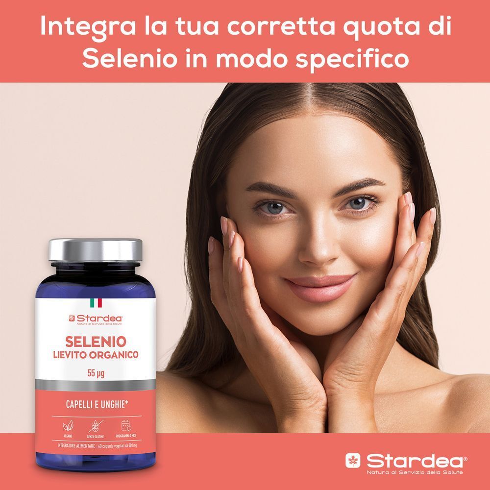 Un flacone di Stardea Selenio Lievito Organico accanto a un viso sorridente che mostra pelle sana.