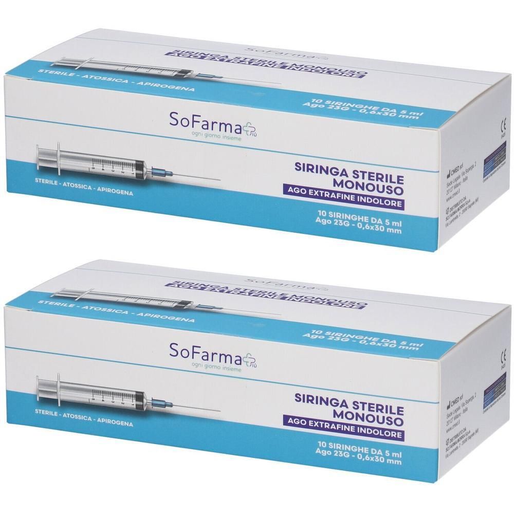 Due confezioni di siringhe sterili monouso, 5 ml, 23G, 0,6x30 mm.