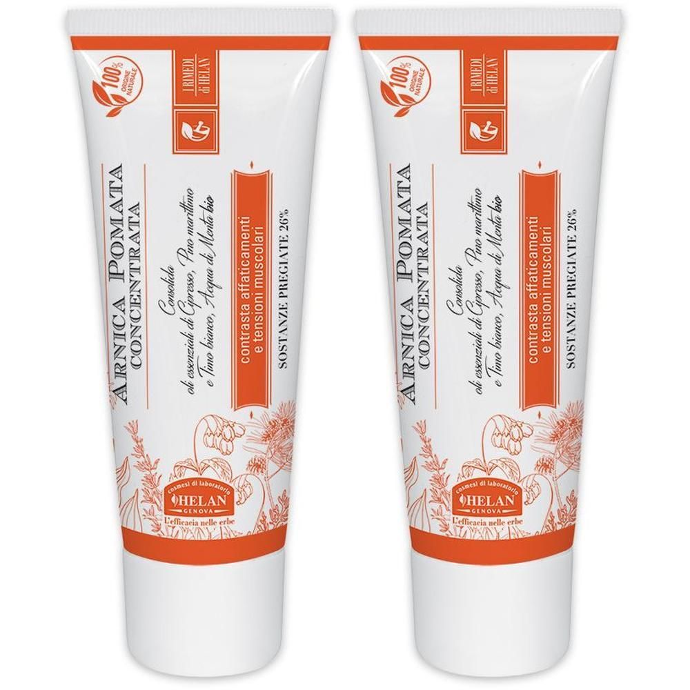 Due tubi di Arnica Pomata Concentrata con motivi vegetali e sigilli.