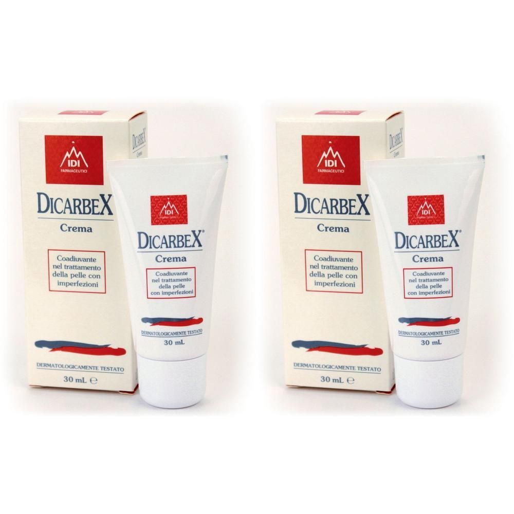 Due tubi di Dicarbex Crema con scatole. Ogni tubo contiene 30 ml.