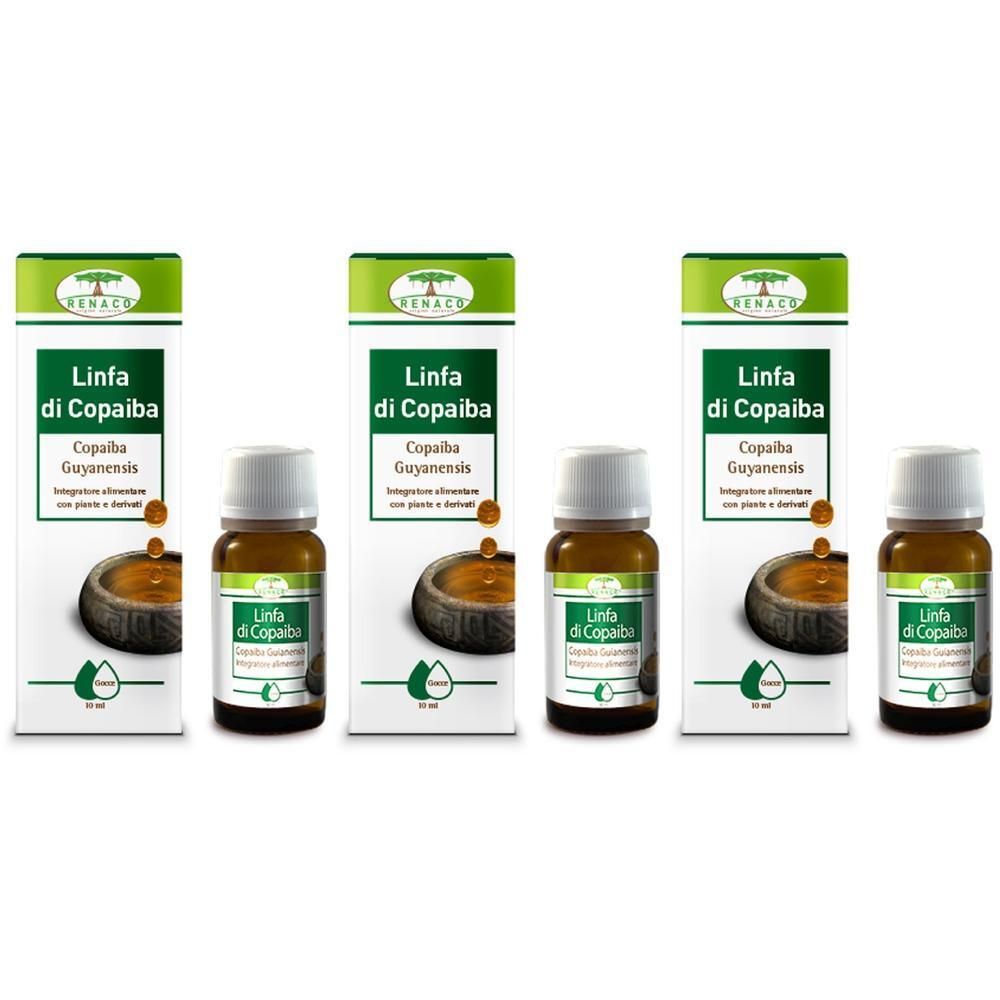 Tre flaconi di Linfa di Copaiba con scatole. Ogni flacone contiene 10 ml.