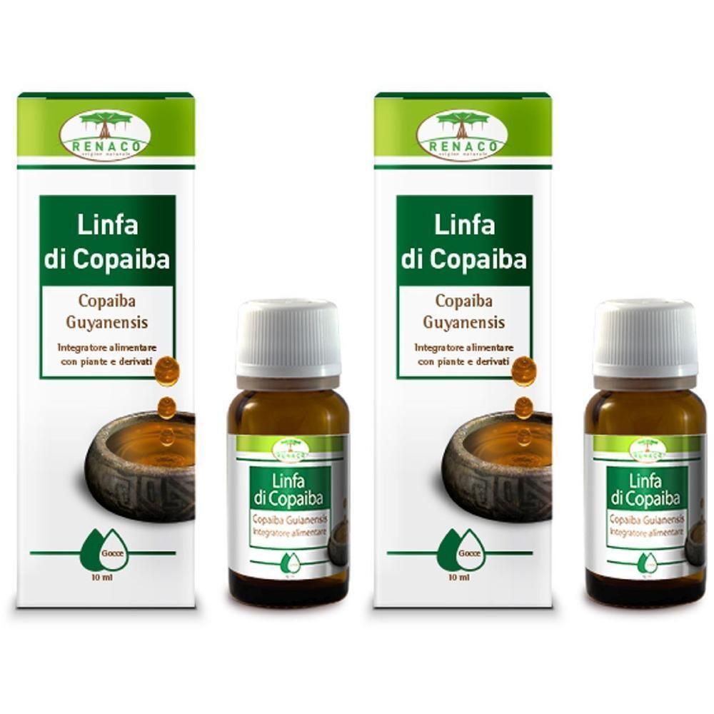 Due flaconi e scatole di Linfa di Copaiba, Copaiba Guyanensis. Flaconi in vetro marrone con tappo bianco.