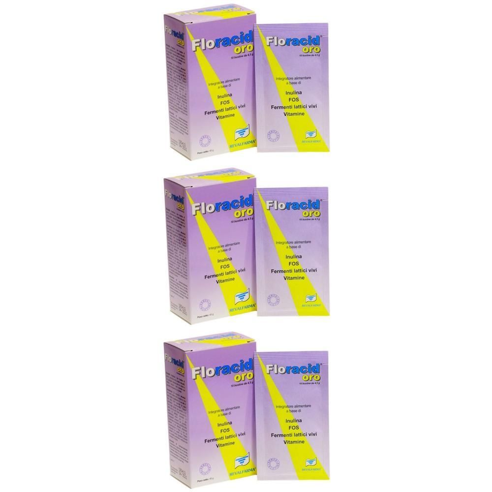 Tre confezioni di Floracid Oro da 10 stick ciascuna. Confezione viola e gialla con informazioni sul prodotto.