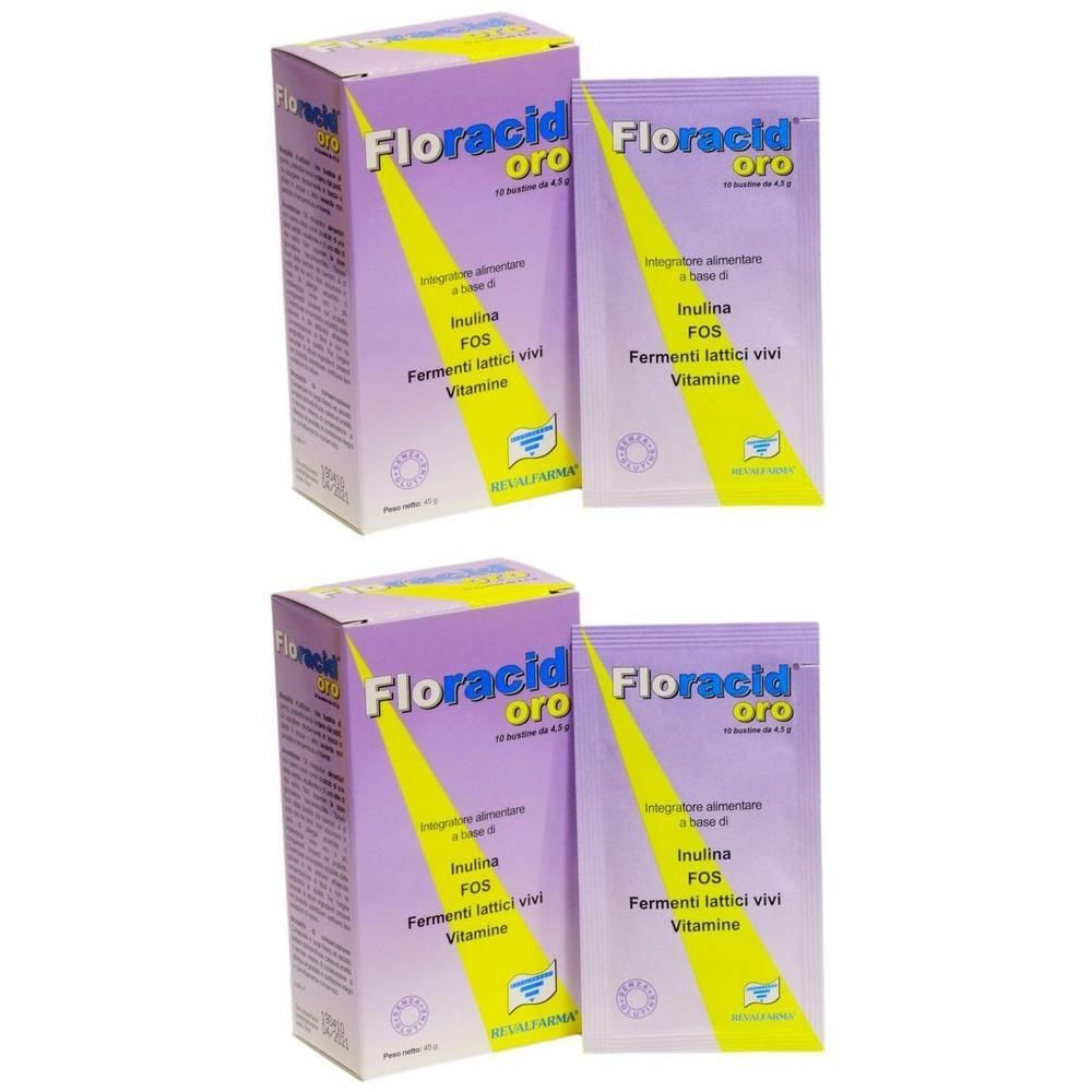 Due confezioni e due bustine di Floracid Oro, integratore alimentare con inulina, FOS e vitamine.