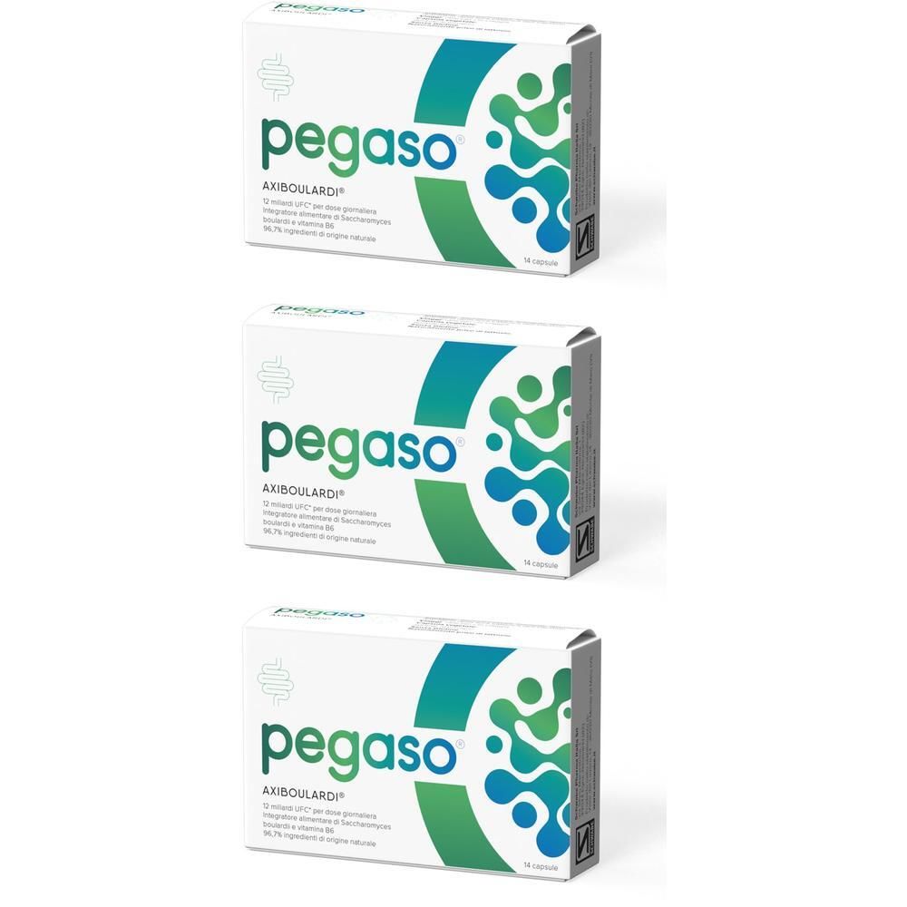 Tre confezioni di capsule Pegaso Axiboulardi con logo e design grafico.