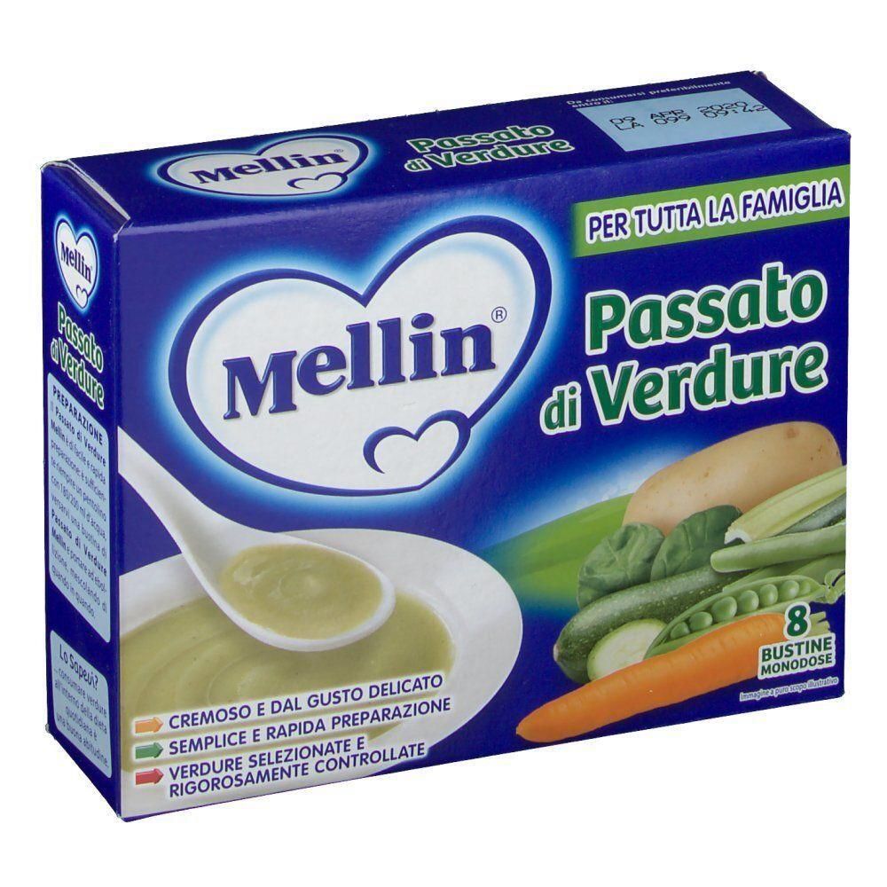 Confezione Mellin Passato di Verdure, con illustrazione di verdure e cucchiaio.