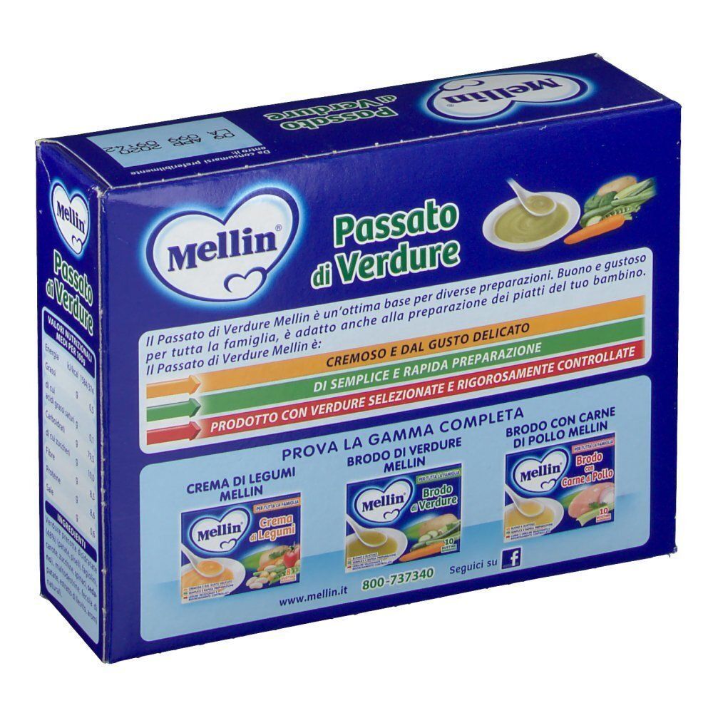 Confezione Mellin Passato di Verdure passato di verdure con illustrazioni di verdure e ciotole.