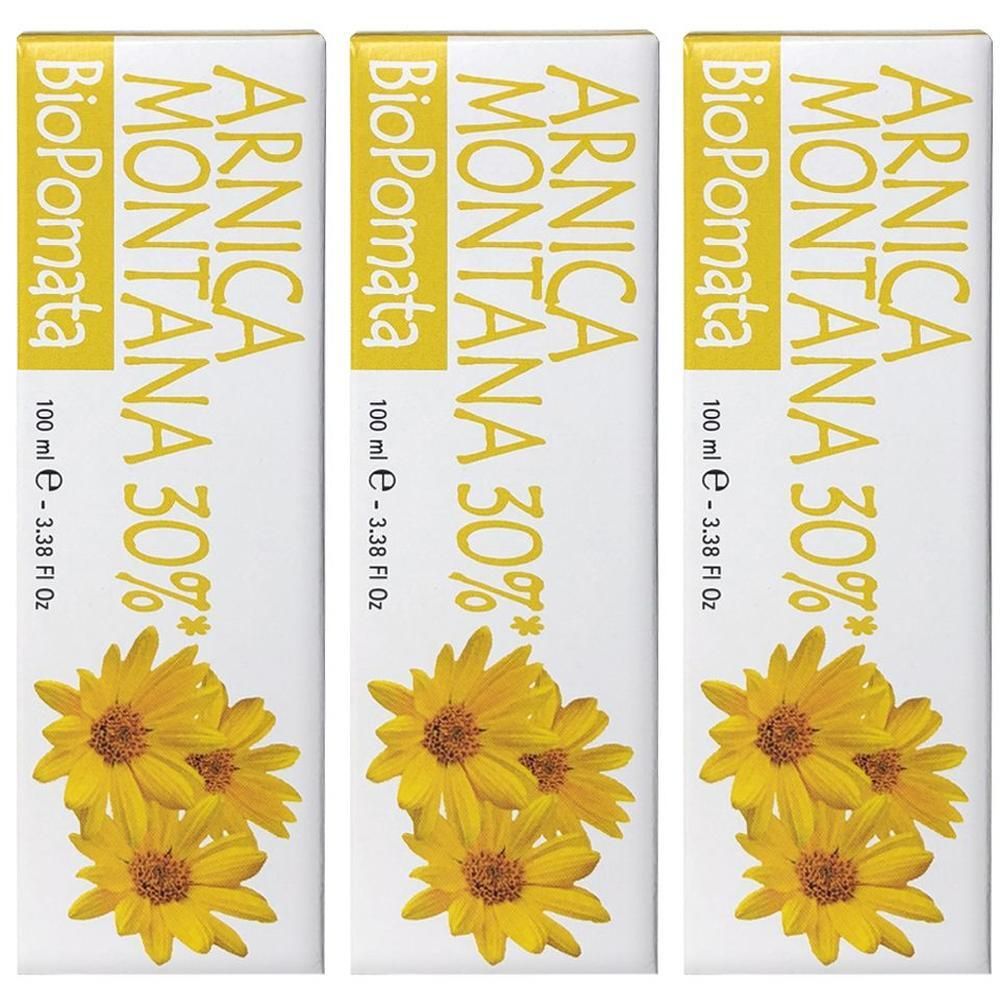 Tre confezioni di Arnica Montana 30% BioPomata, 100 ml. Fiori gialli raffigurati.