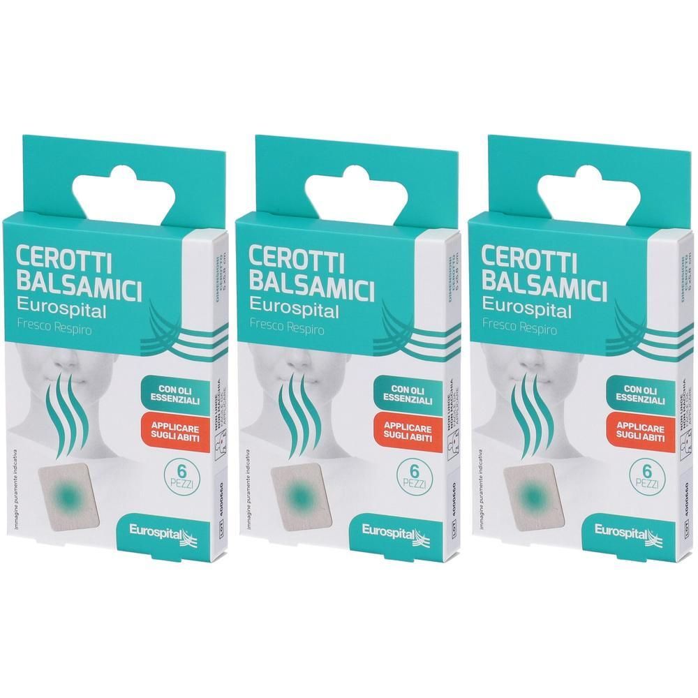 Tre confezioni di Eurospital Cerotti Balsamici Fresco Respiro, ciascuna con 6 cerotti.