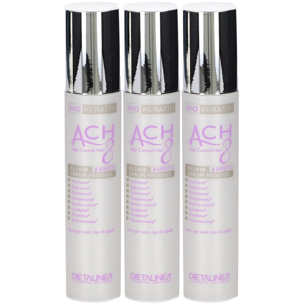 Tre flaconi di siero capelli ACH8 Age Control con tappi argentati.