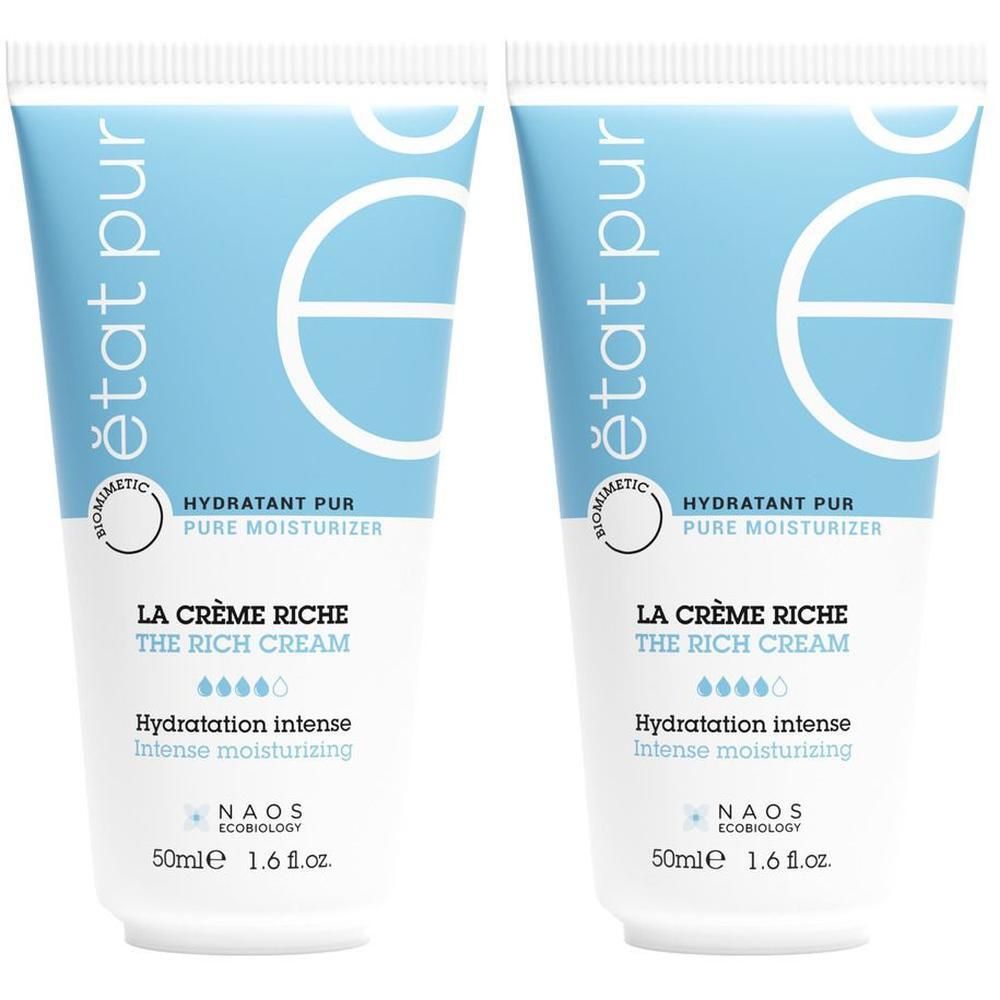 Due tubi di crema idratante ricca "La Crème Riche" di Etat Pur. Confezione blu e bianca con informazioni sul prodotto.