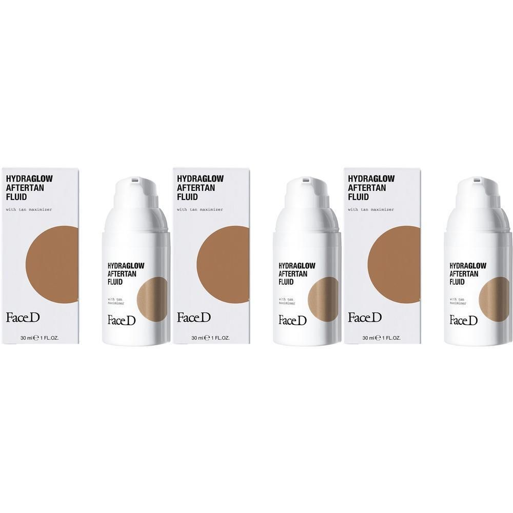 Tre flaconi FaceD Hydraglow Aftertan Fluid con confezione. Flaconi bianchi con pompa ed etichetta marrone.