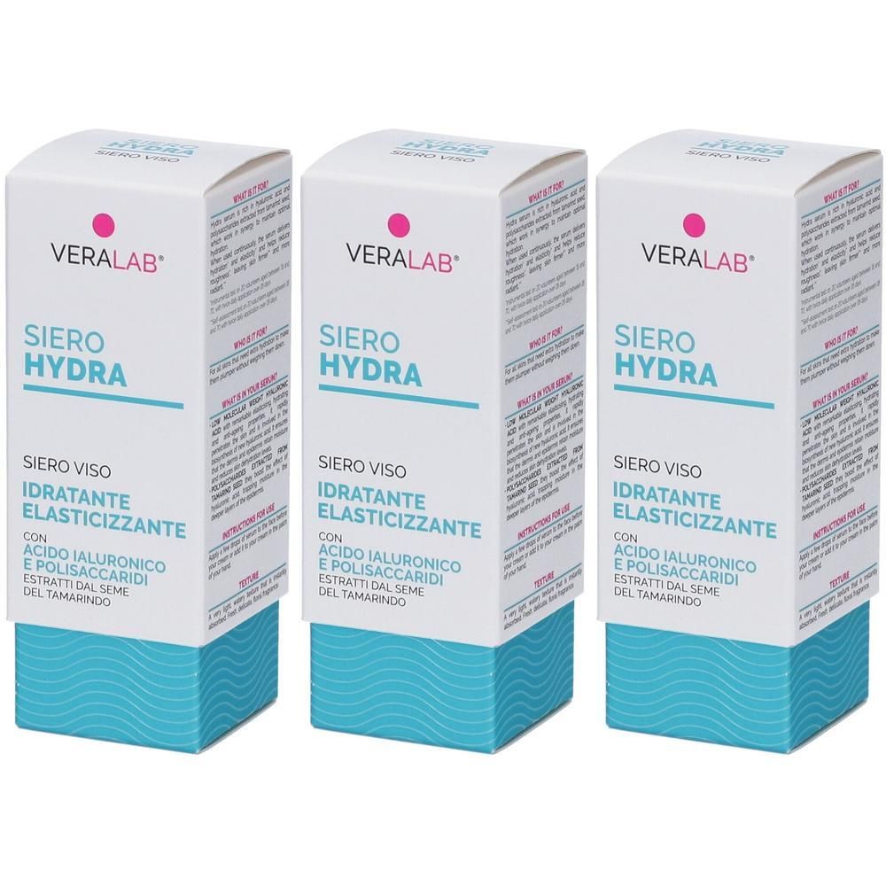 Tre scatole di Veralab Siero Hydra, siero viso idratante elasticizzante.