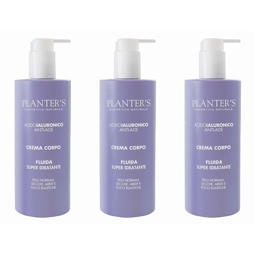 Tre flaconi viola con dispenser bianco, Planter's Crema Corpo Anti-Age.