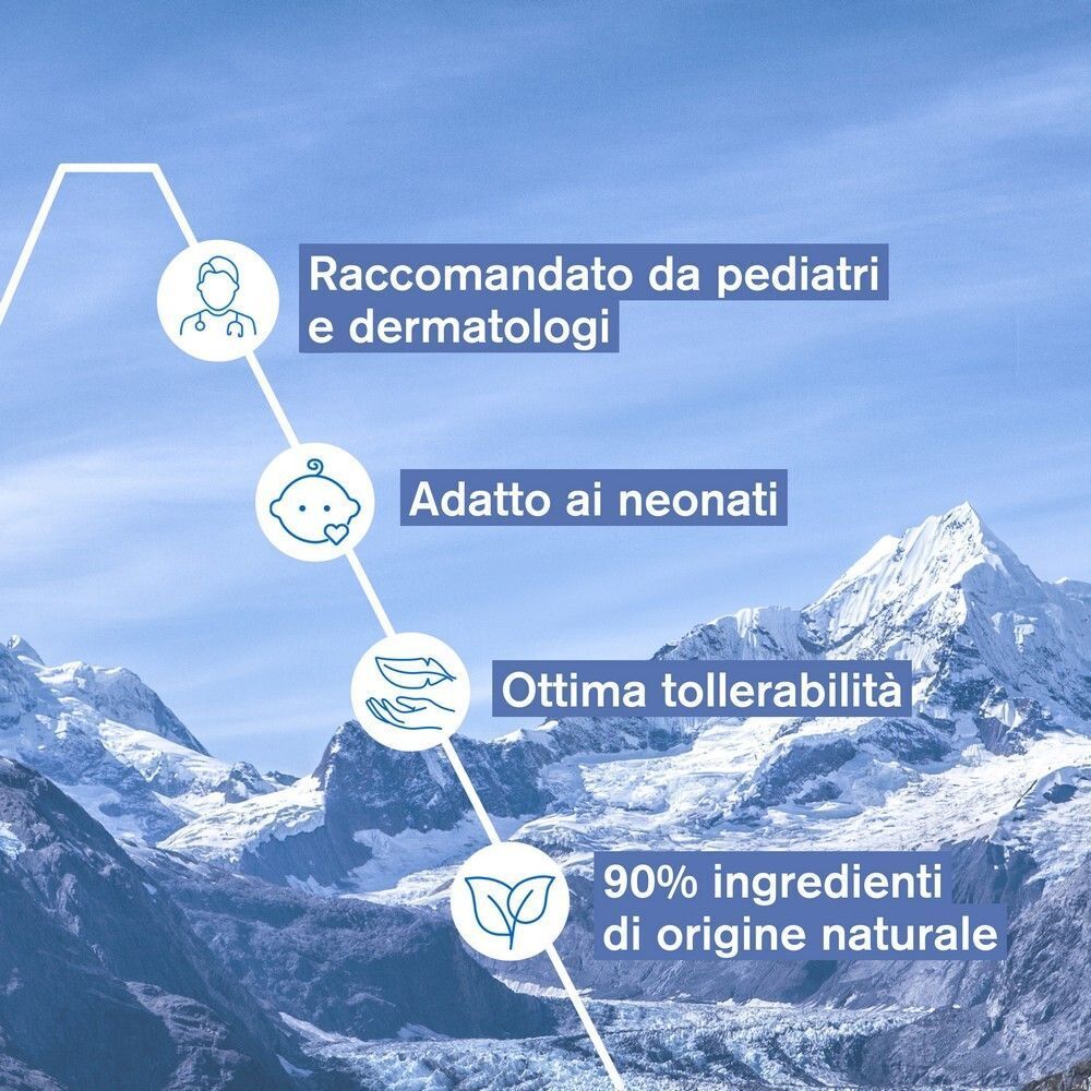 Infografica con montagne, simbolo neonato, mani, simbolo foglia e testi su pediatri, neonati, tollerabilità e ingredienti naturali.