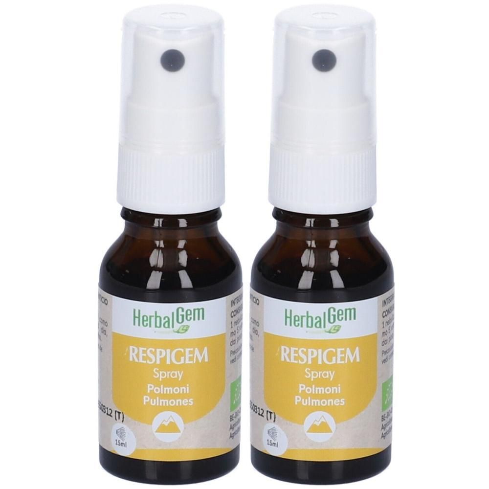 Due flaconi in vetro marrone con spray, HerbalGem Respigem Spray Pulmoni.