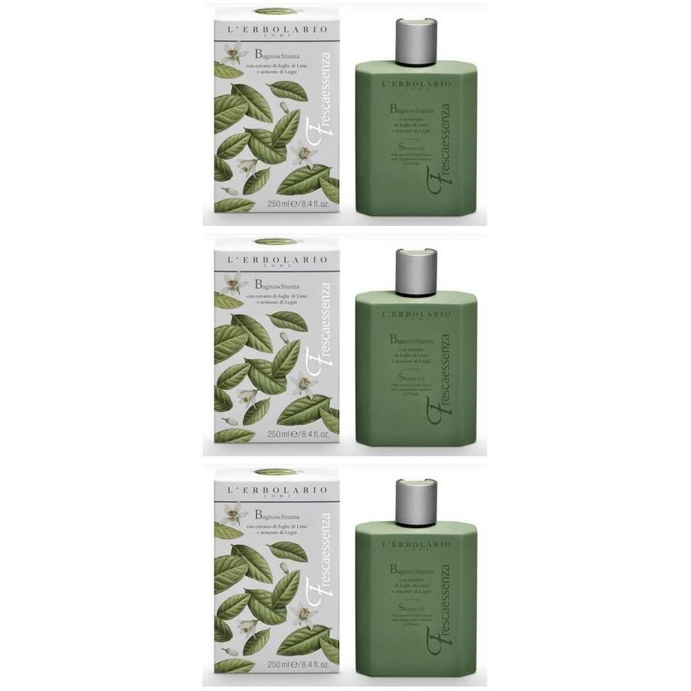 L'Erbolario "Frescaessenza" bagnoschiuma in flacone verde con tappo argento, 150ml. Scatola con motivo di foglie e fiori.