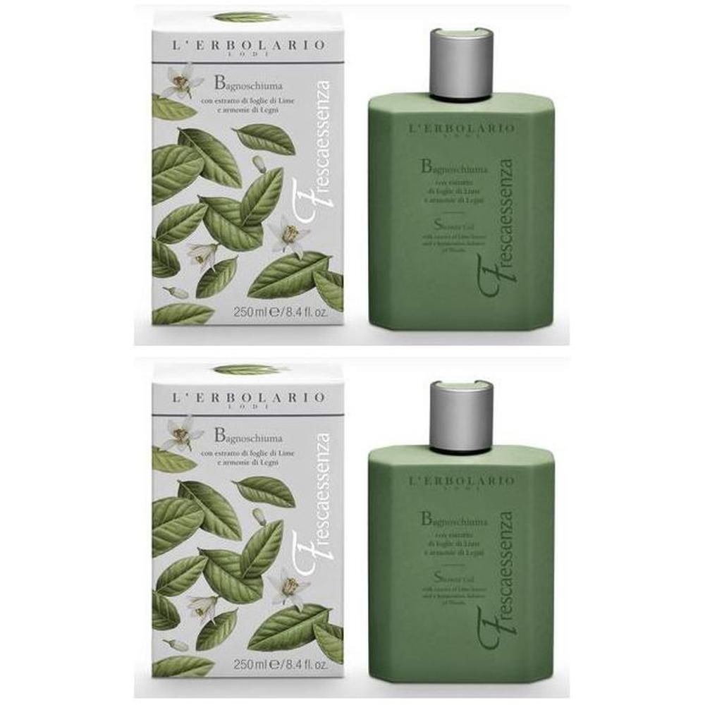 Due flaconi verdi di bagnoschiuma L'Erbolario Frescaessenza con scatole. 250ml.