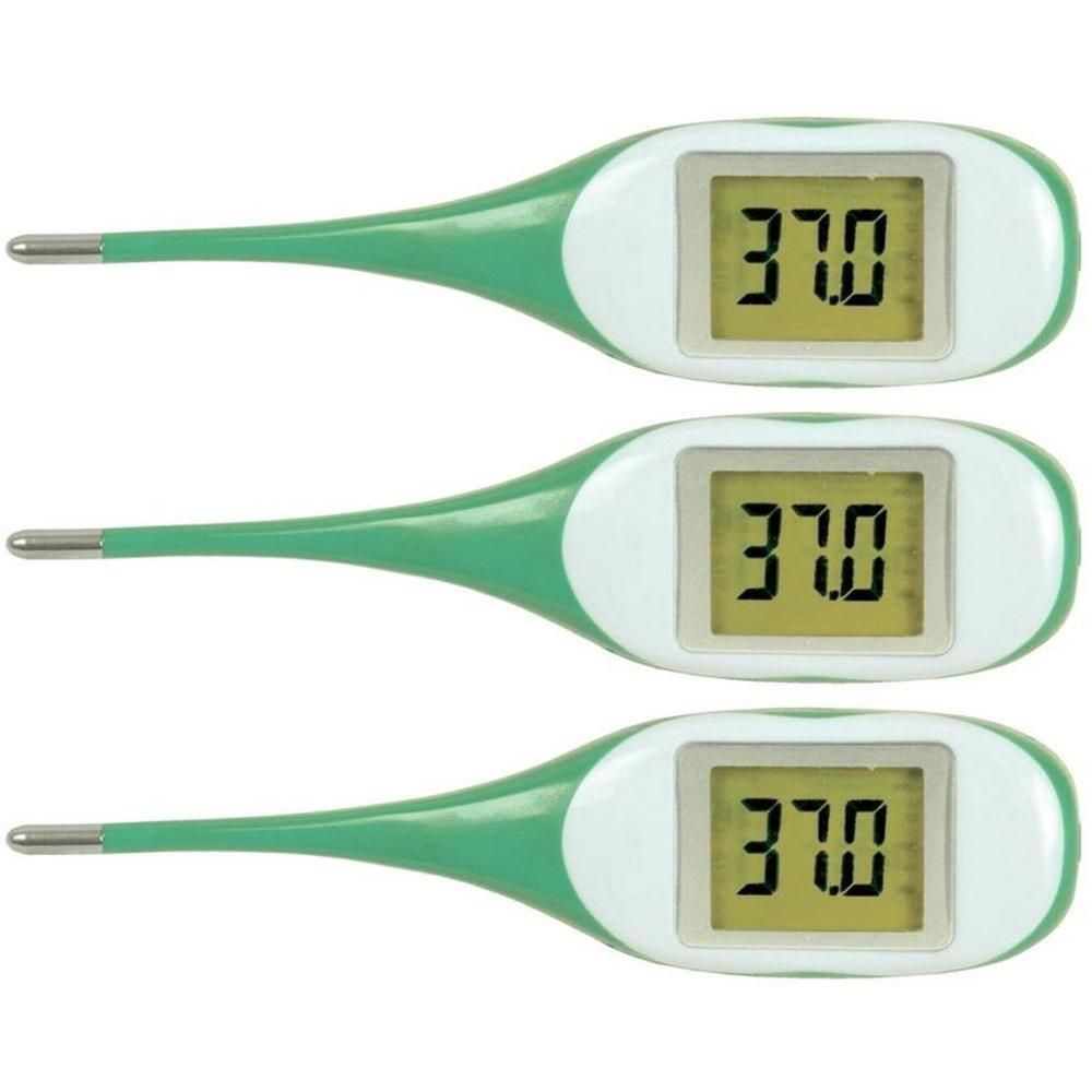 Tre termometri digitali con impugnatura verde e display bianco che mostrano 37,0.
