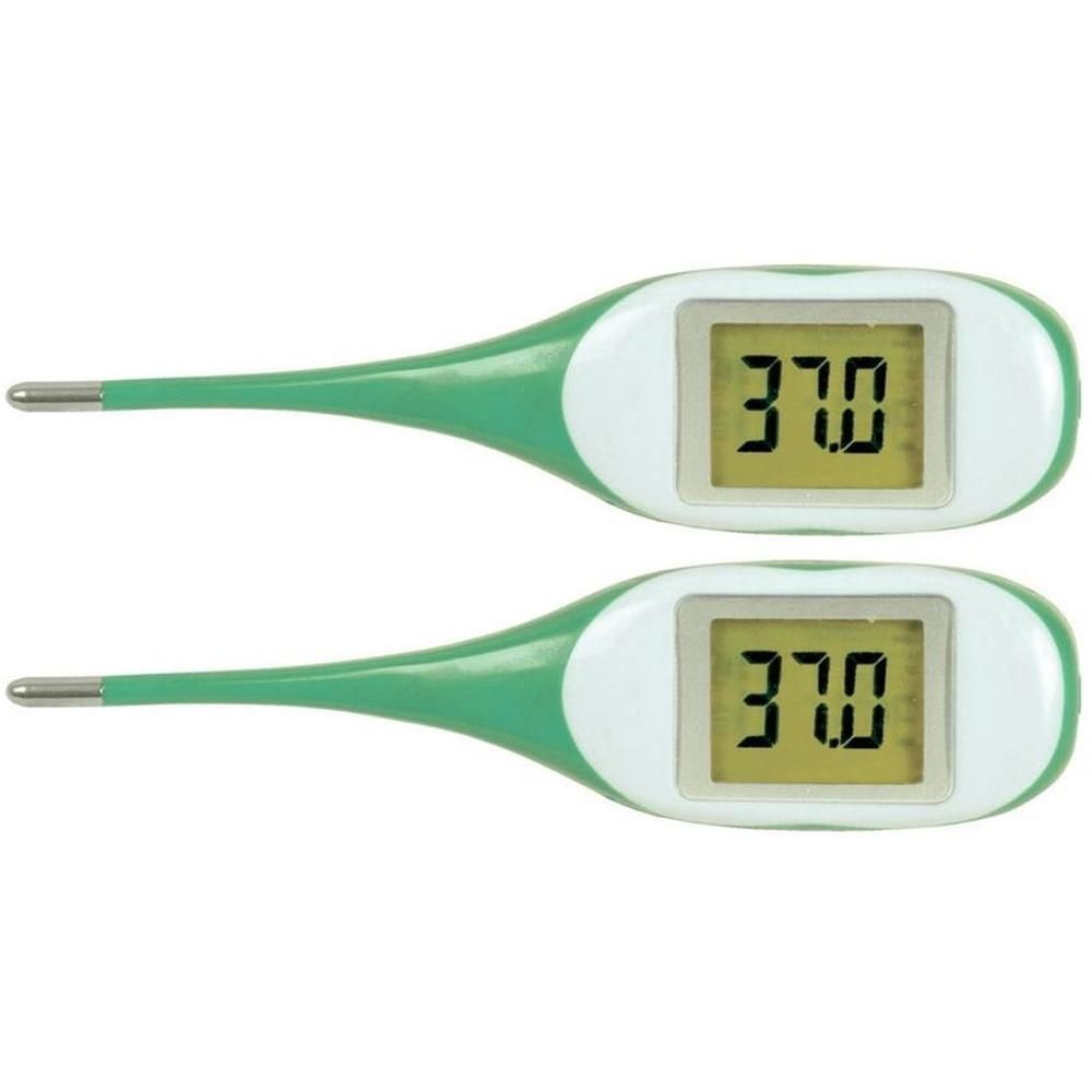 Due termometri digitali con impugnatura verde e display LCD che mostrano 37,0.