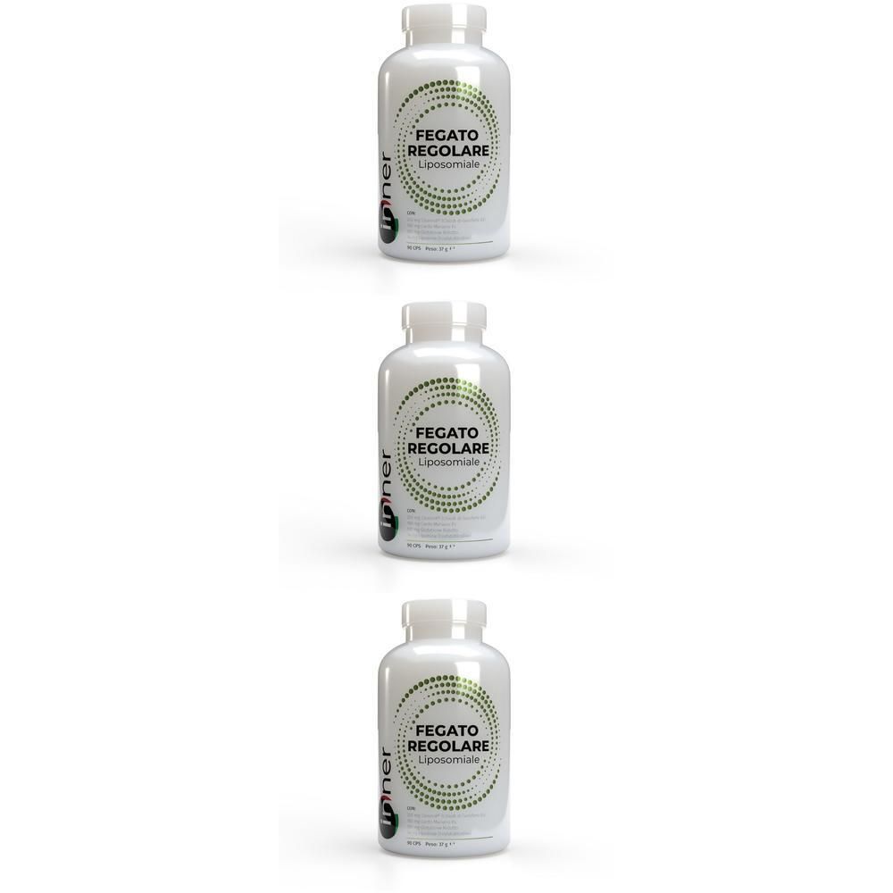 Tre flaconi bianchi con etichetta verde 'Inner Fegato Regolare Liposomiale'.