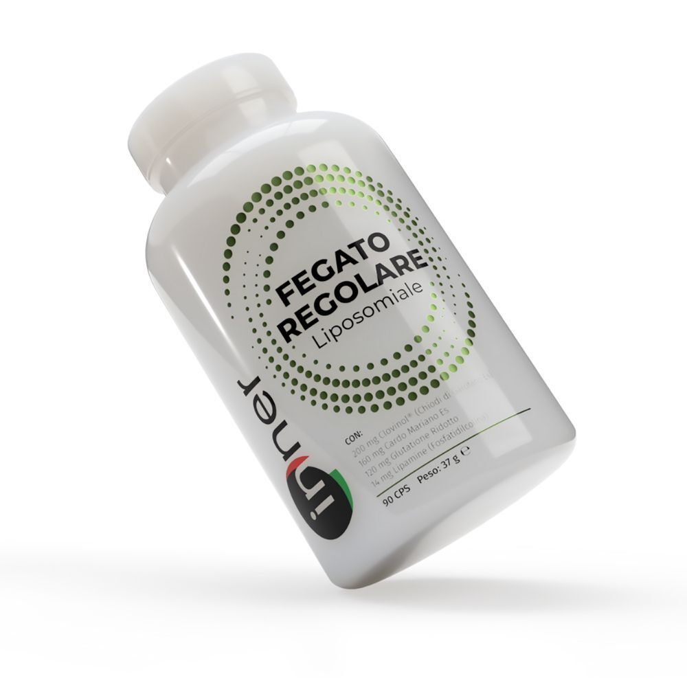 Flacone bianco inclinato con puntini verdi e scritta 'Inner Fegato Regolare Liposomiale'.