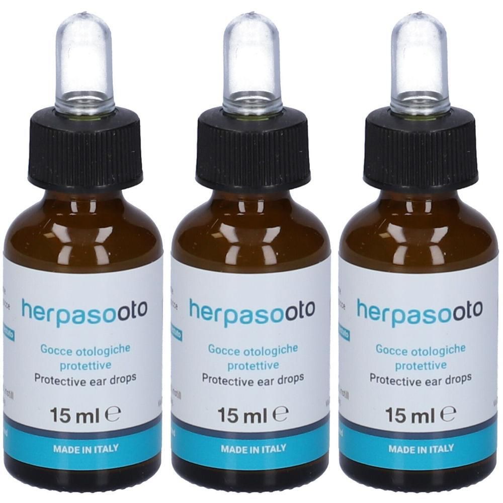 Tre flaconi in vetro ambrato con contagocce, Herpasooto Protective ear drops, 15 ml, Made in Italy.
