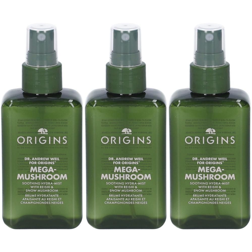 Tre flaconi di Origins Mega-Mushroom Soothing Hydra-Mist.
