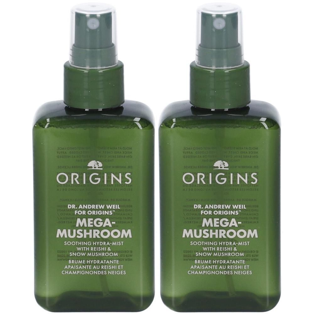 Due flaconi spray verdi Origins Mega-Mushroom Hydra-Mist con Reishi e Fungo della Neve.
