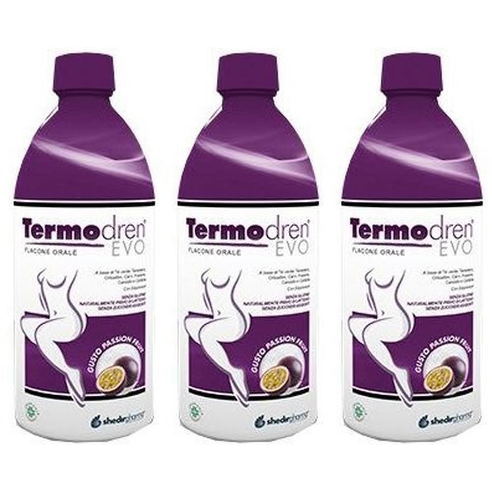 Tre bottiglie viola Termodren Evo gusto frutto della passione con figura femminile.