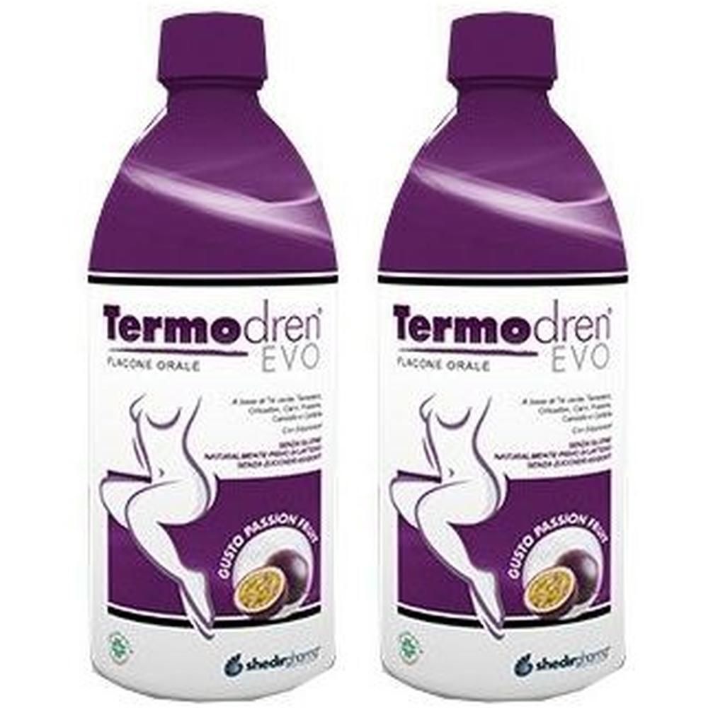 Due flaconi di Termodren Evo al gusto frutto della passione. Raffigura una figura femminile stilizzata e un frutto della passione.