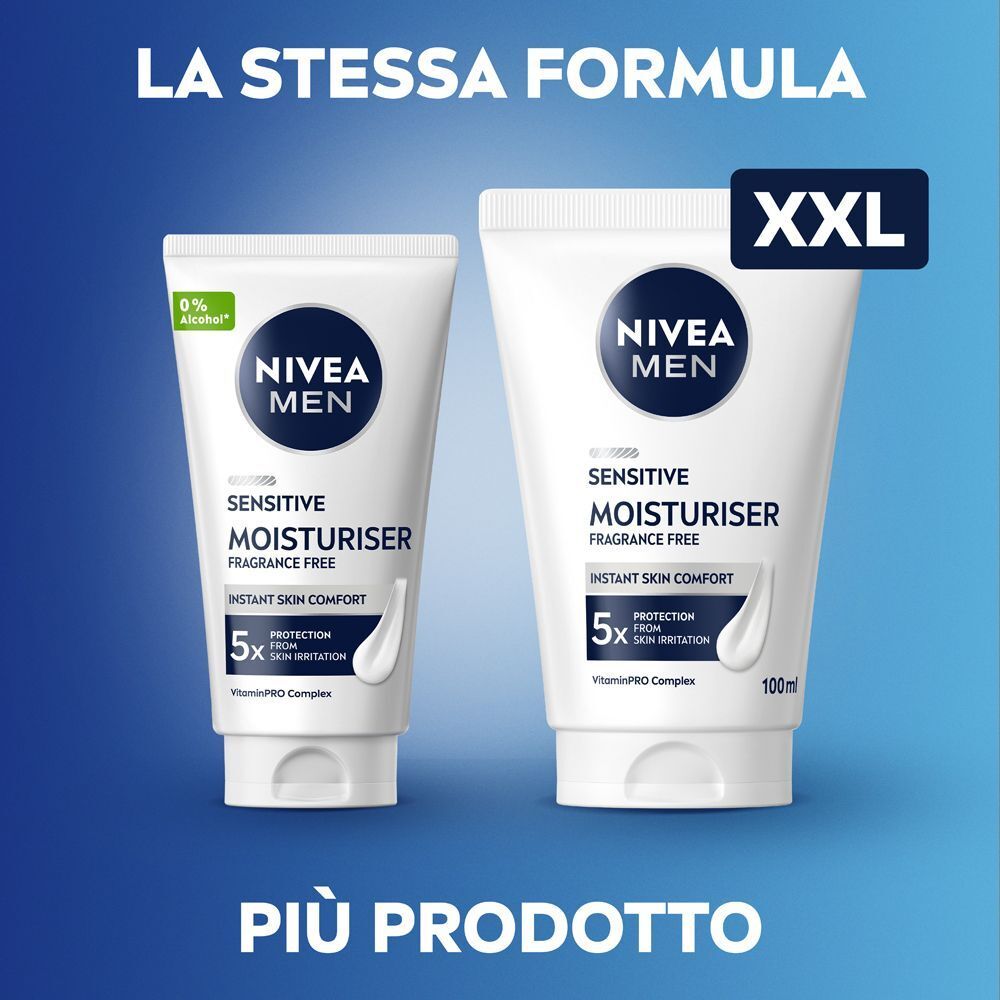 Crema idratante Nivea Men Sensitive in due formati: XXL e standard.