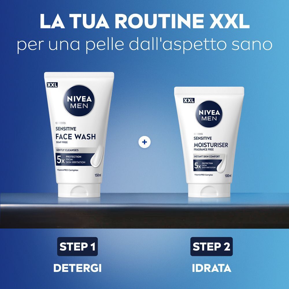 Detergente viso e crema idratante Nivea Men Sensitive per una routine pelle sana.