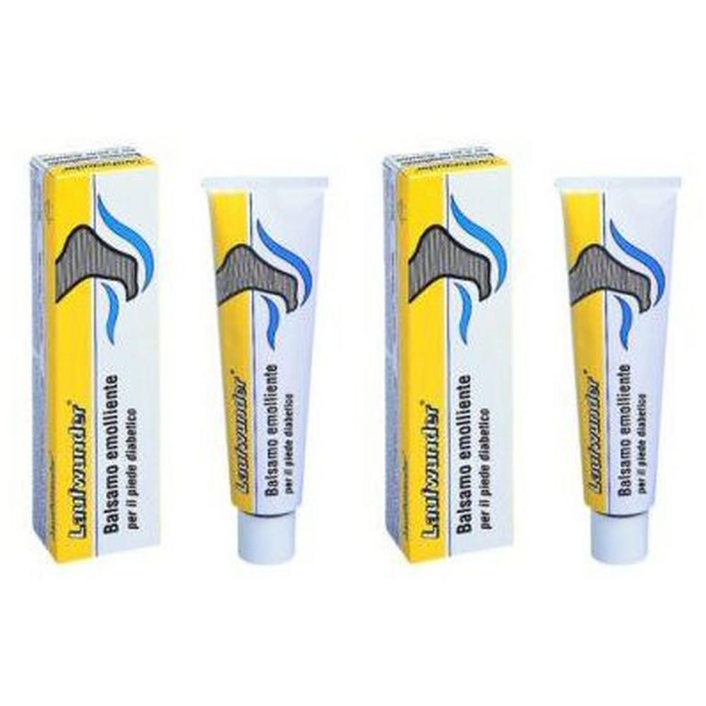Due tubi e due scatole di balsamo emolliente per piedi diabetici. Design giallo con elementi blu e neri.