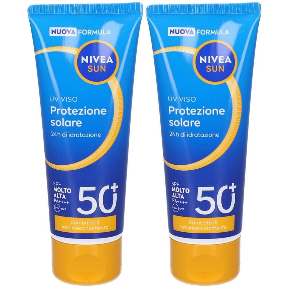 Due tubetti di Nivea Sun UV Viso Protezione Solare SPF 50+.