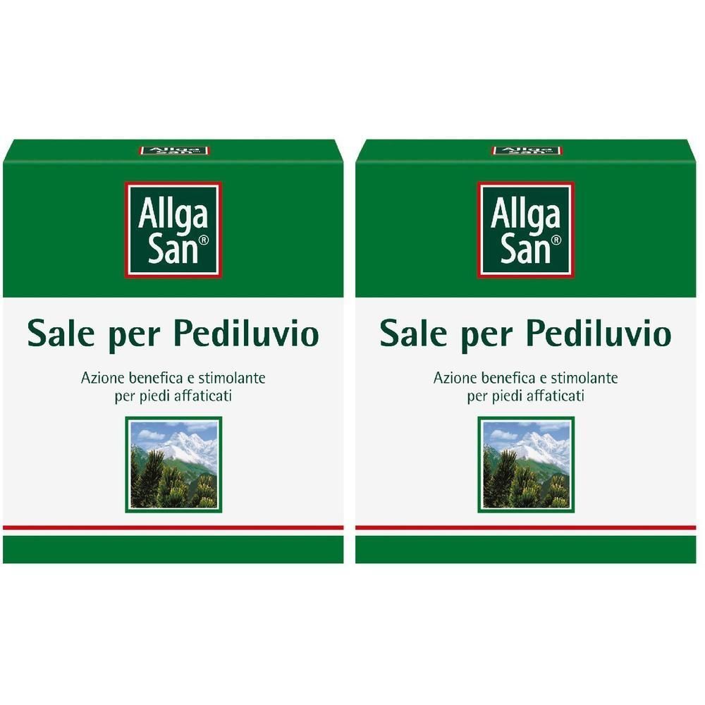 Due confezioni di Sale per Pediluvio Allga San con immagine di paesaggio montano.