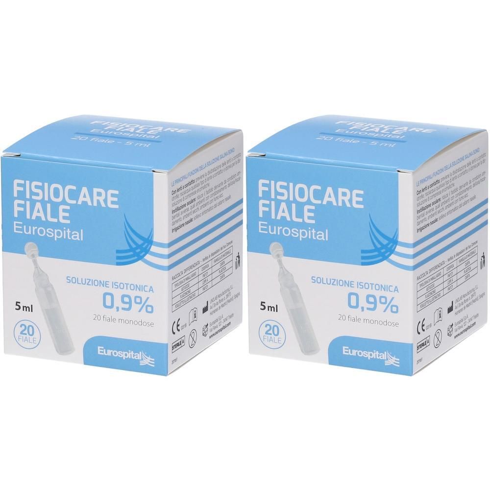 Due confezioni di Fisiocare Fiale Eurospital, soluzione salina isotonica 0,9%. Ogni confezione contiene 20 fiale monodose.