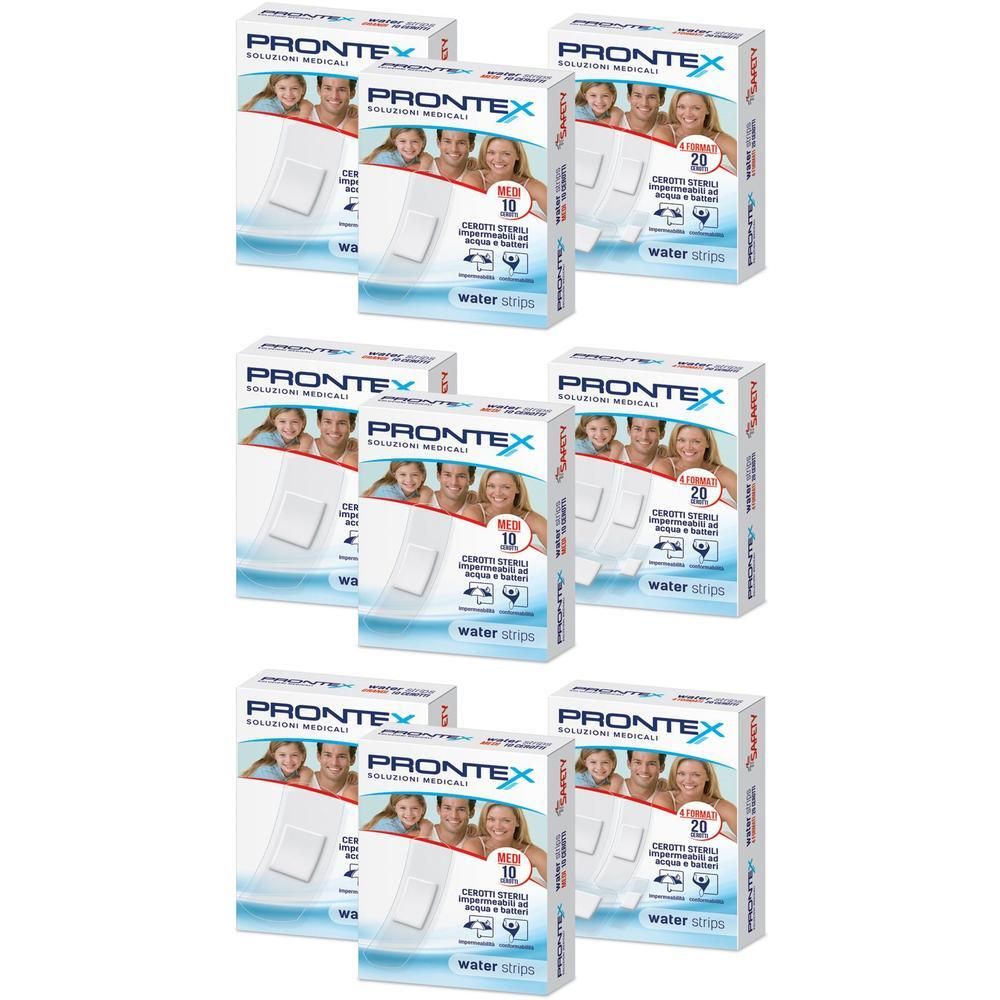 Sei confezioni di cerotti Prontex bianchi, sterili, impermeabili.
