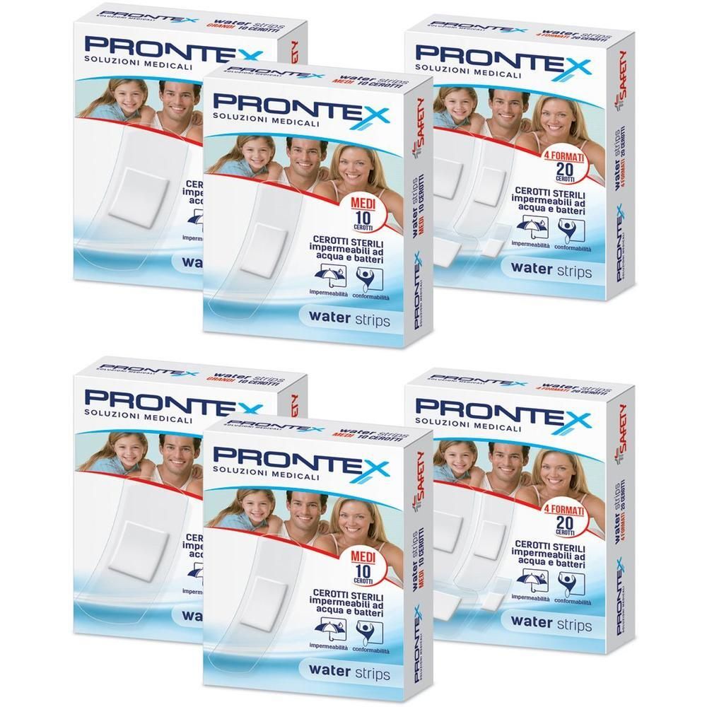 Sei confezioni di cerotti PRONTEX per acqua, due da 10 (GRANDE), quattro da 10 (MEDIO).