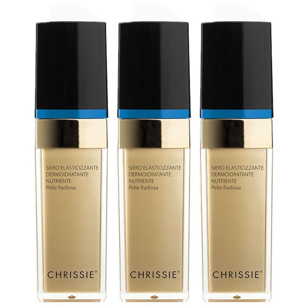 Tre flaconi di Chrissie Siero Elasticizzante Dermoidratante Nutriente Pelle Radiosa con tappi neri e dettagli dorati.