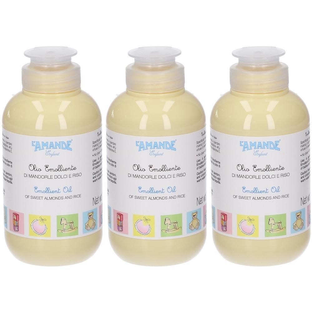 Tre flaconi L'AMANDE Olio Emolliente con tappo a pompa, giallo pallido.