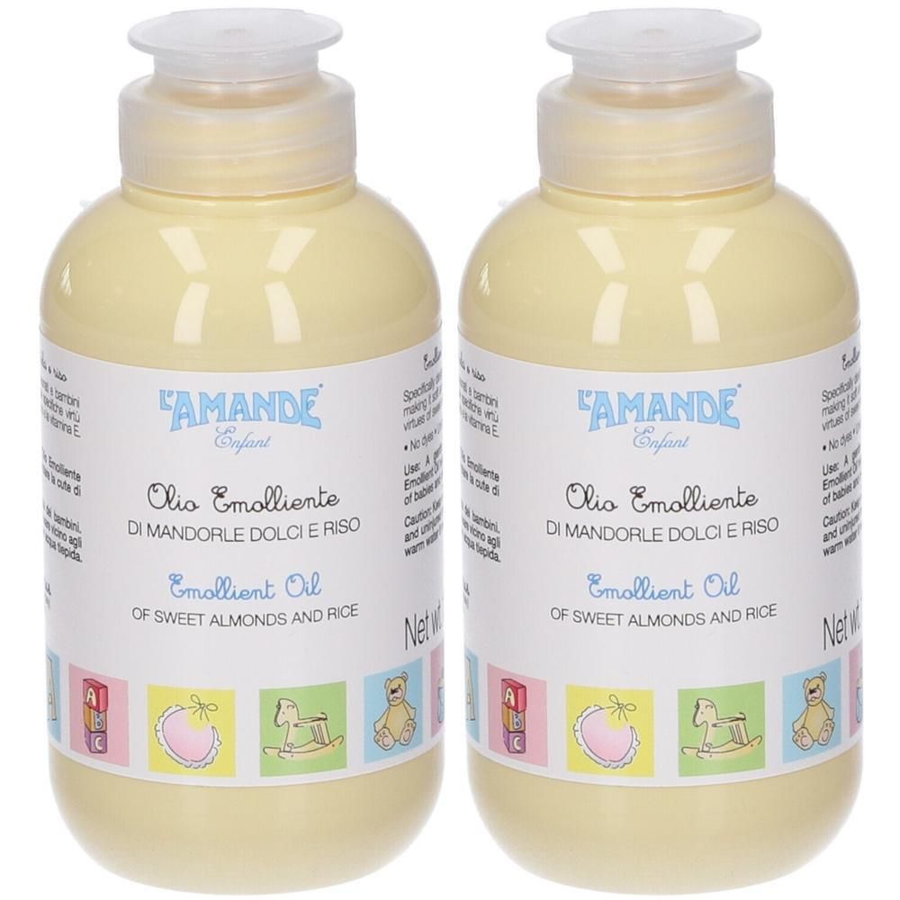 Due flaconi di Olio Emolliente L'AMANDE® Enfant con disegni per bambini sull'etichetta.